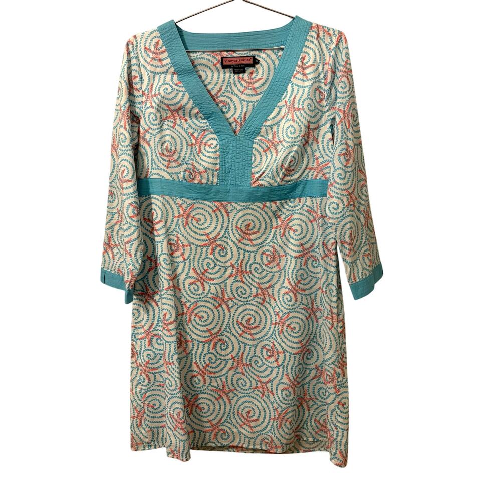 Vineyard Vines Starfish Spiral Cotton Blue 3/4 Sleeve Beach Dress 12